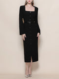 Black Square Collar Long Sleeve Bodycon 1960S Dress