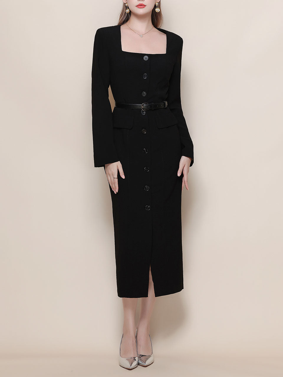 Black Square Collar Long Sleeve Bodycon 1960S Dress