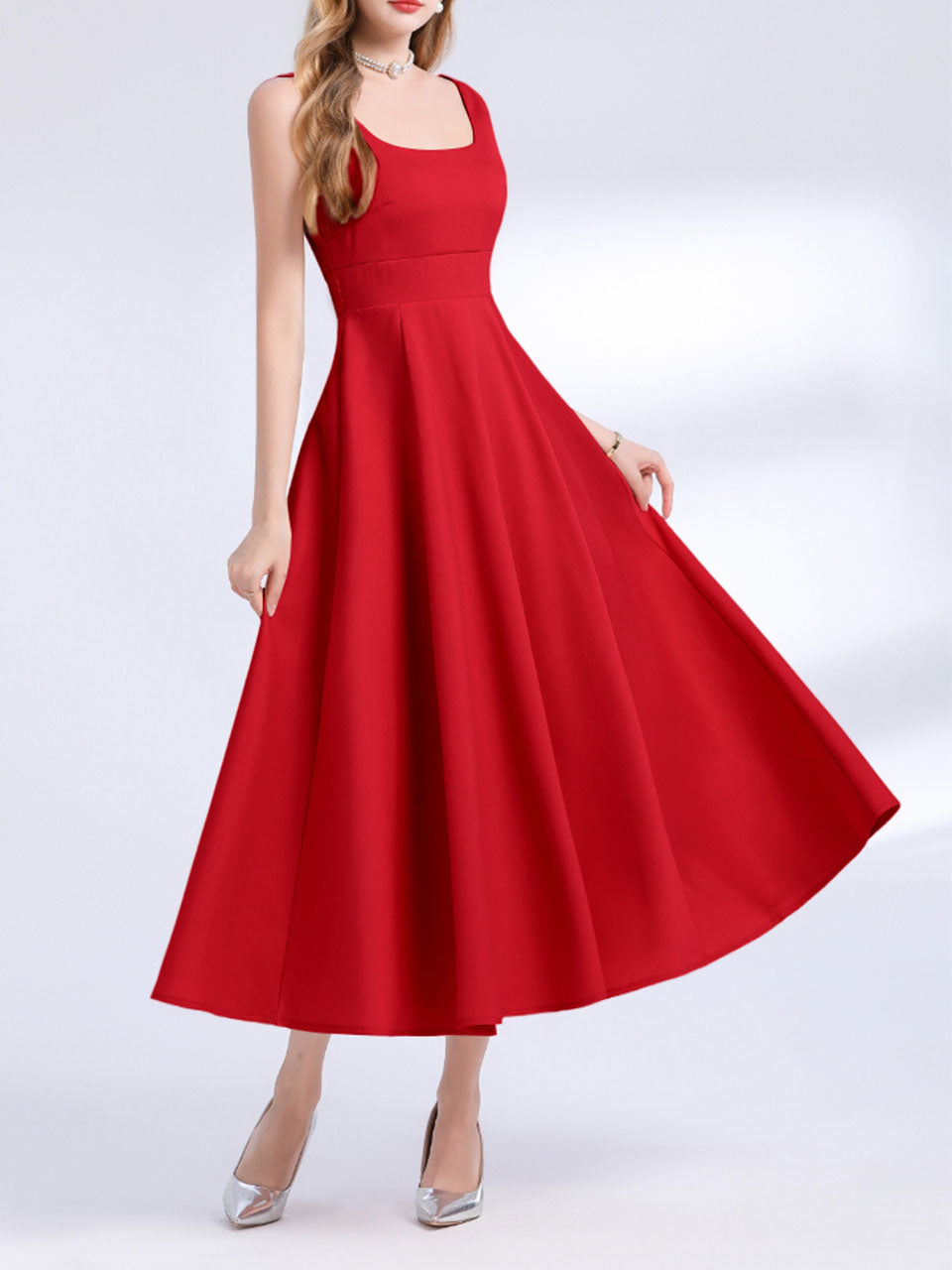 Red Satin V Neck Sleeveless Classic 1950S Vintage Sweet Party Dress