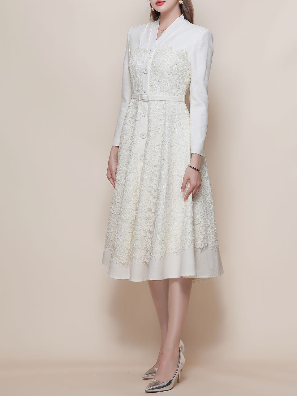 White V Neck Long Sleeve Classic 1950S Vintage Dress