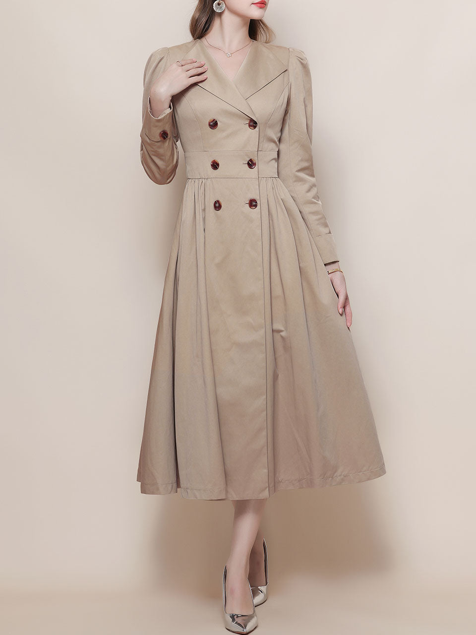 Khaki Vintage Style Double Breasted Trench Dress Coat