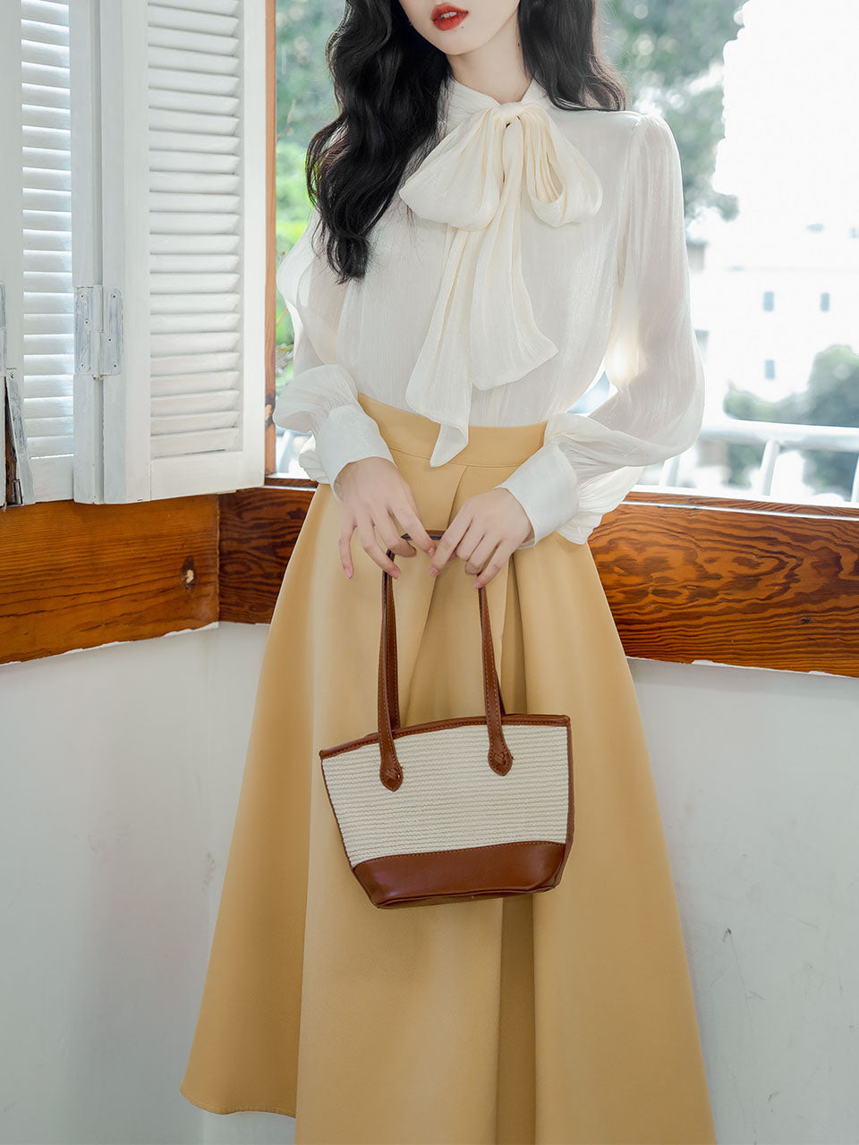 3PS Bowknot Collar Shirt and Yellow 1950S Vintage Coat
