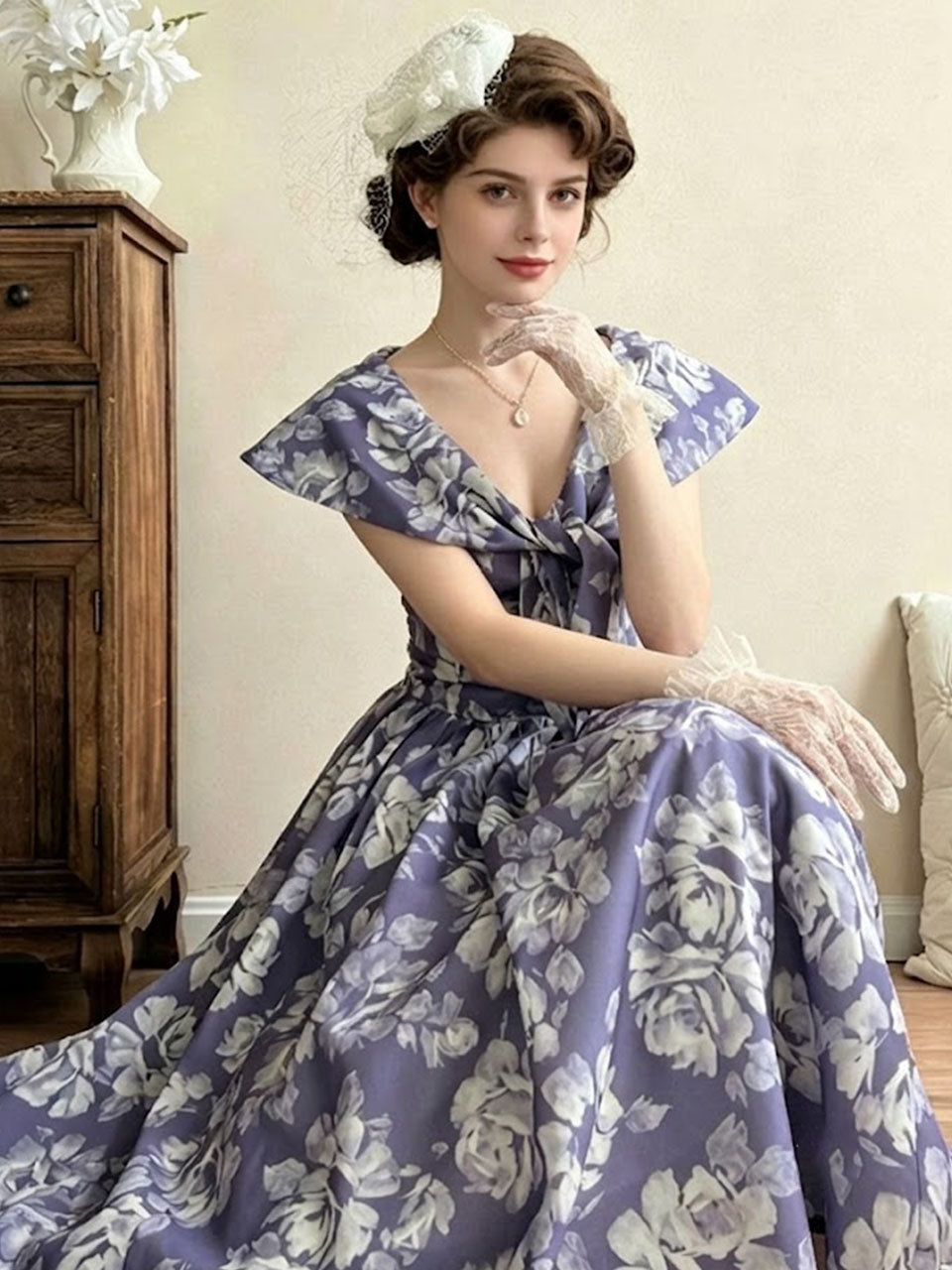 1950s Audrey Hepburn style Vintage Lavender Floral Dress | Retro V Neck Bow Rockabilly Swing Dress