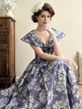 1950s Audrey Hepburn style Vintage Lavender Floral Dress | Retro V Neck Bow Rockabilly Swing Dress