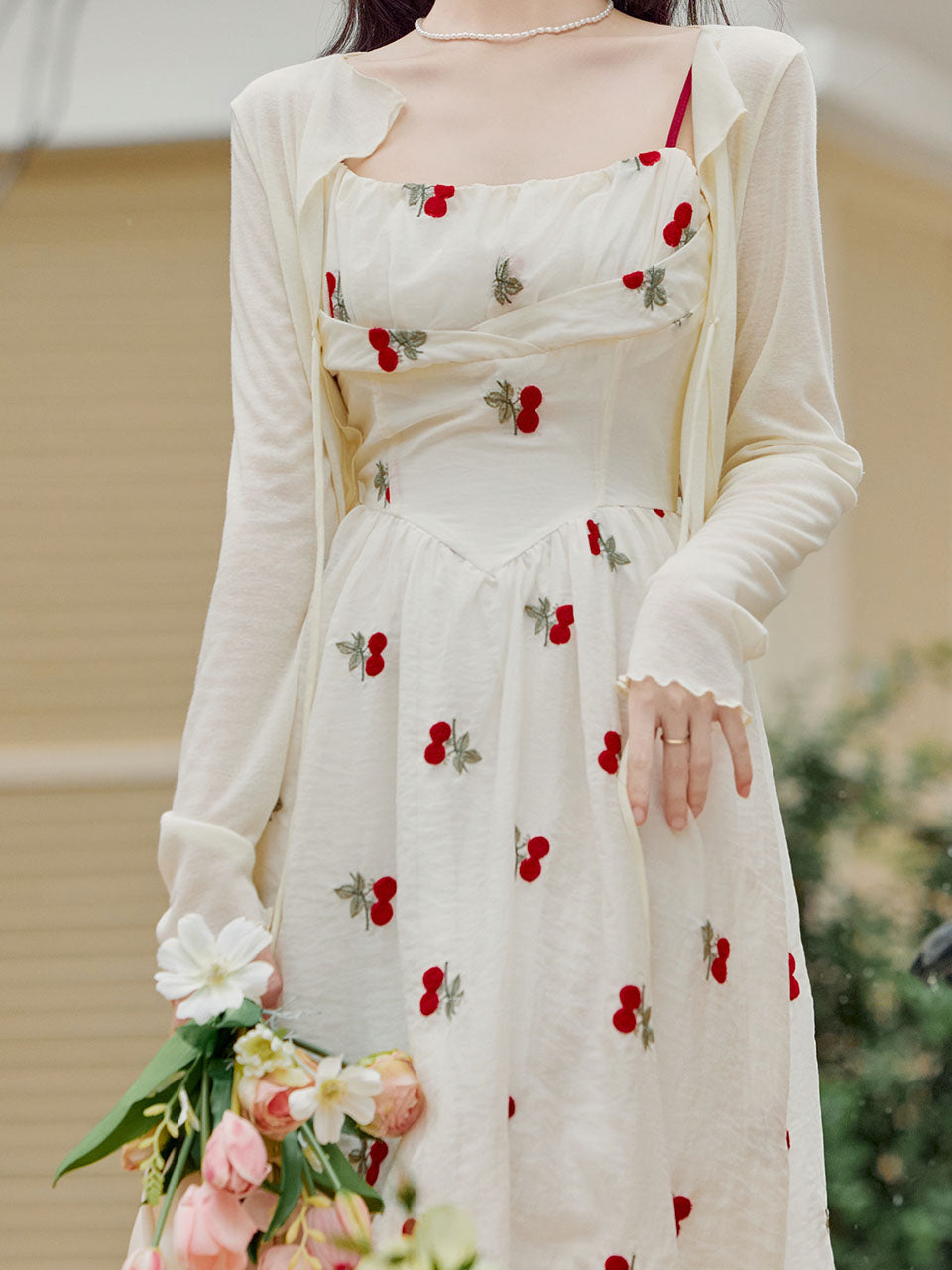 2PS White Cherry Print Spaghetti Strap Dress