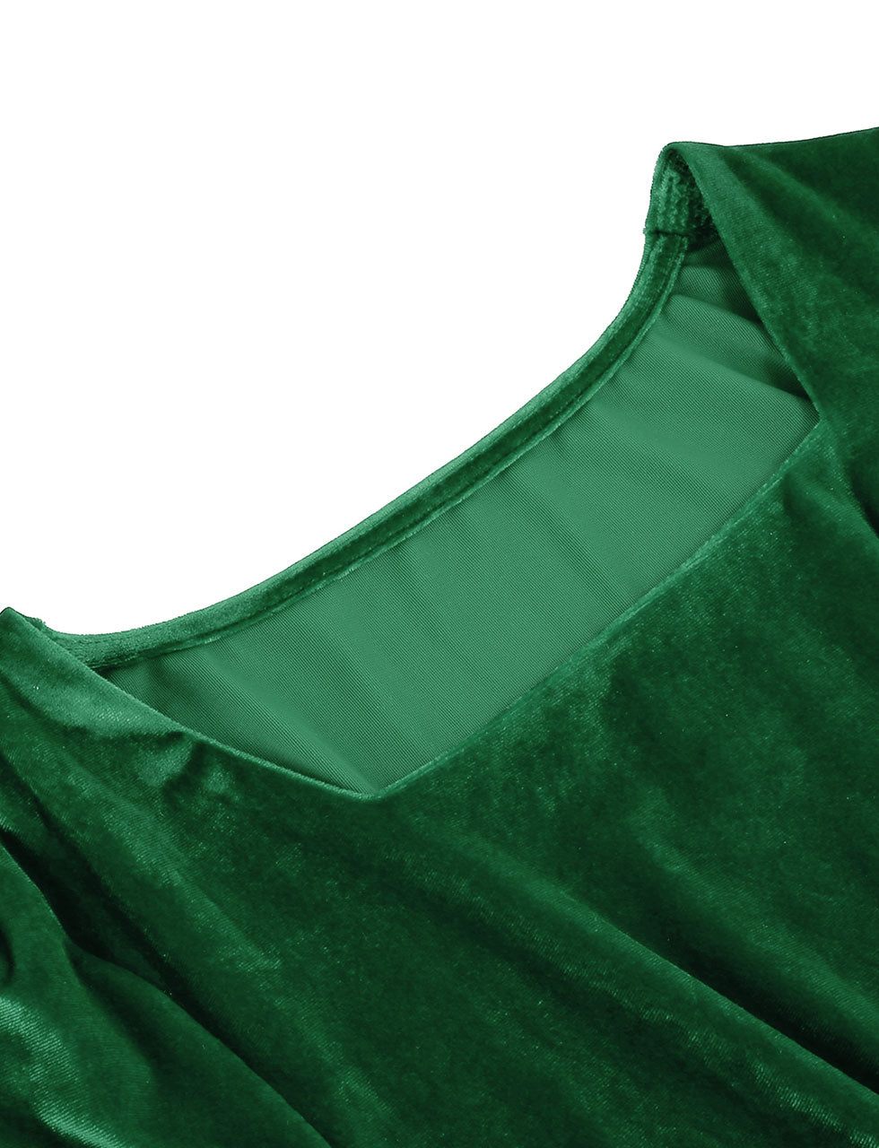 Christmas Green Square Collar Long Sleeve Velvet 1950S Vintage Swing Dress