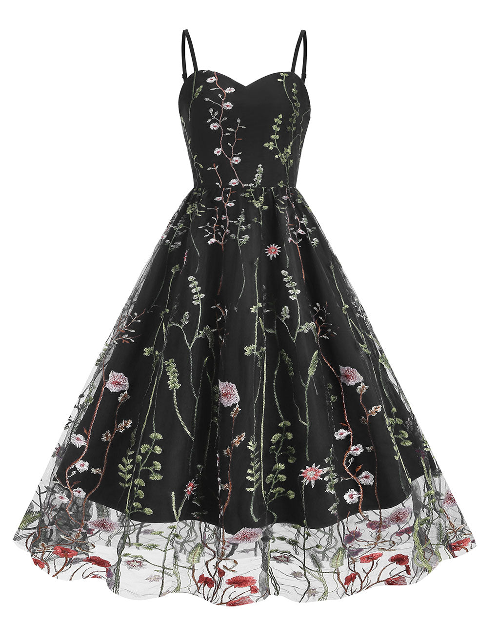 Black Semi Mesh Flower Embroidered Spaghetti Strap Sleeveless 50S Swing Dress