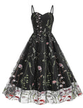 Black Semi Mesh Flower Embroidered Spaghetti Strap Sleeveless 50S Swing Dress