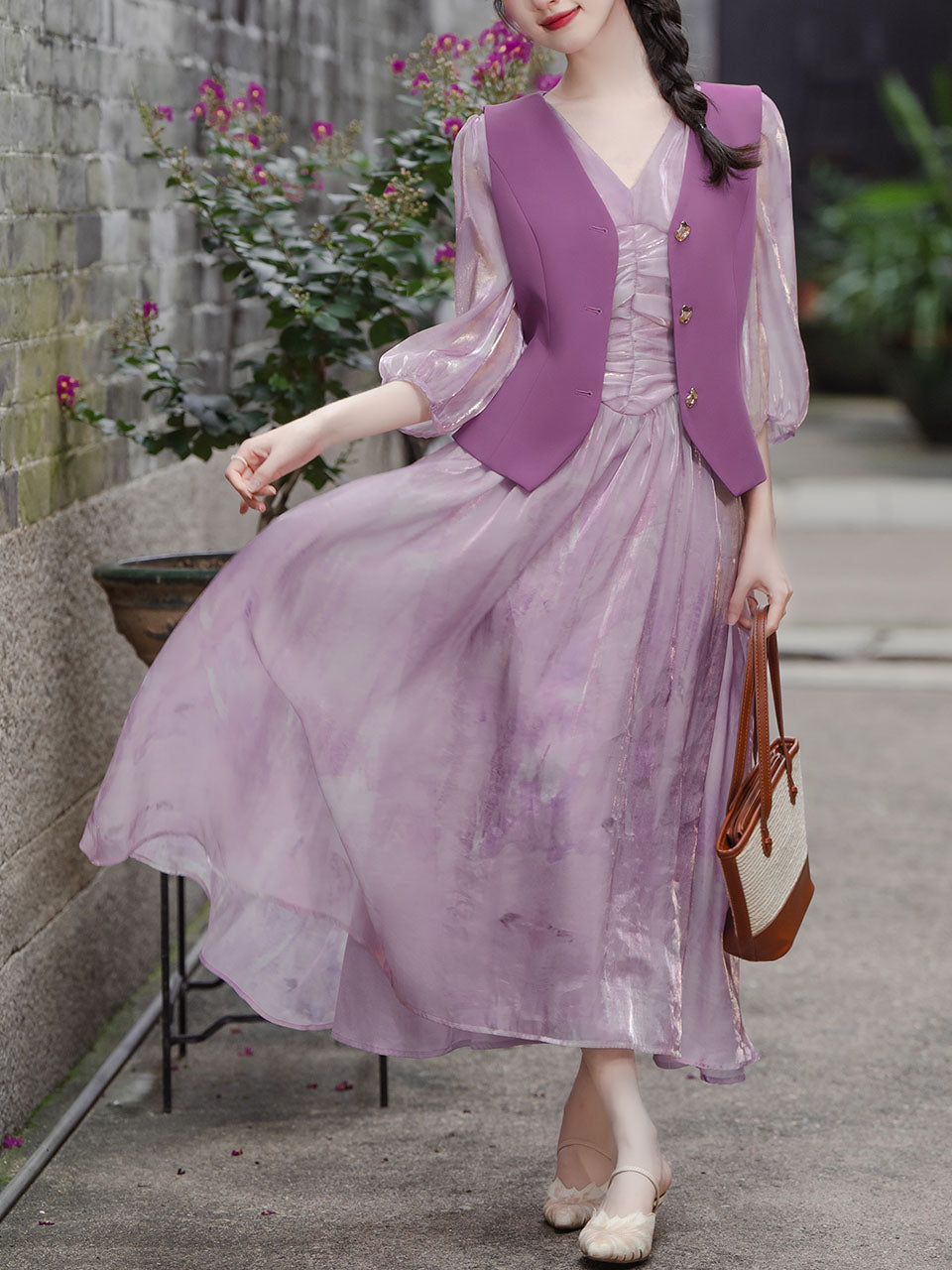 2PS Purple V-neck Organza Flowing Swing Dress