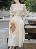 2PS White Sequins Short Sleeve