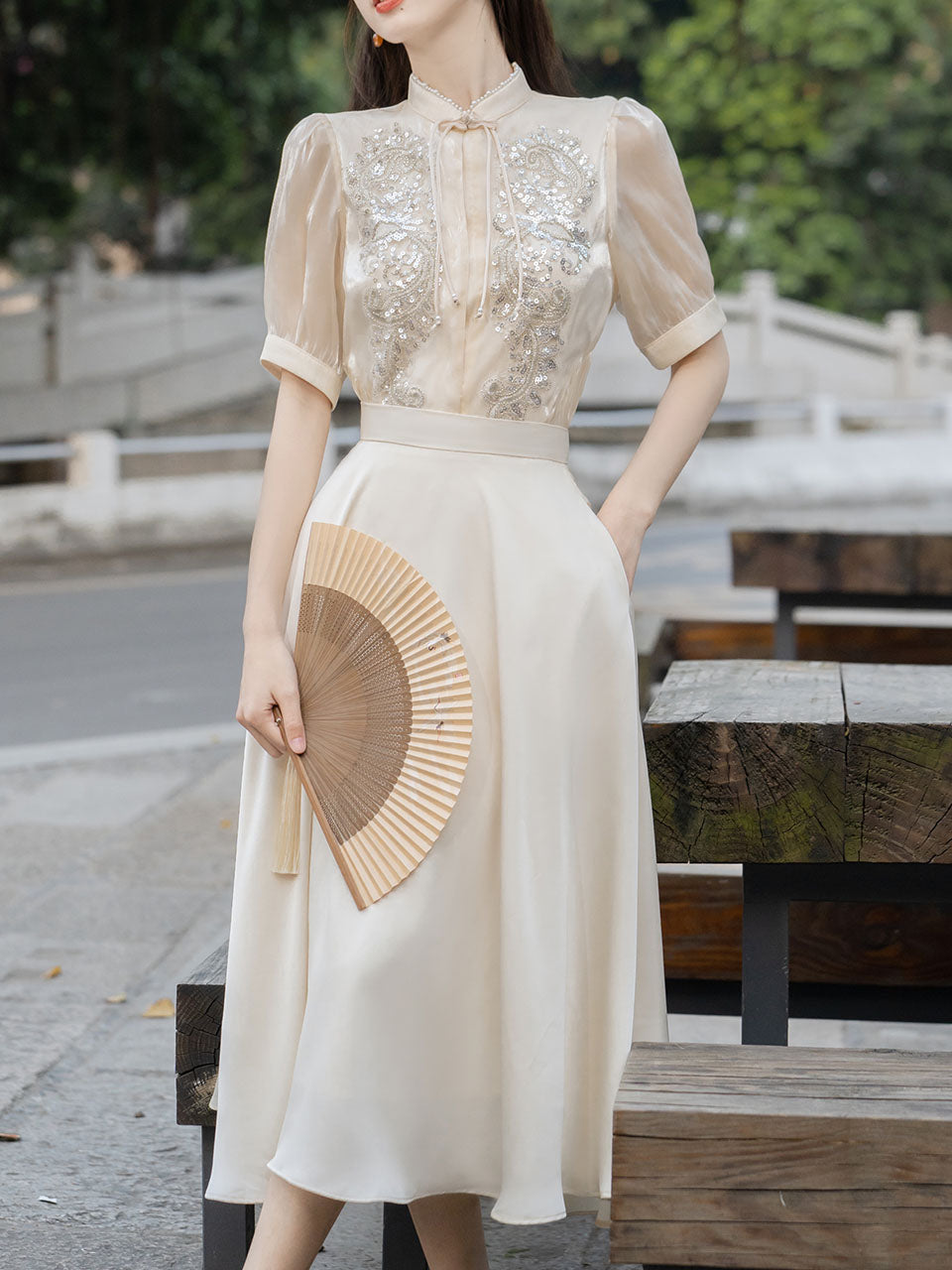 2PS White Sequins Short Sleeve