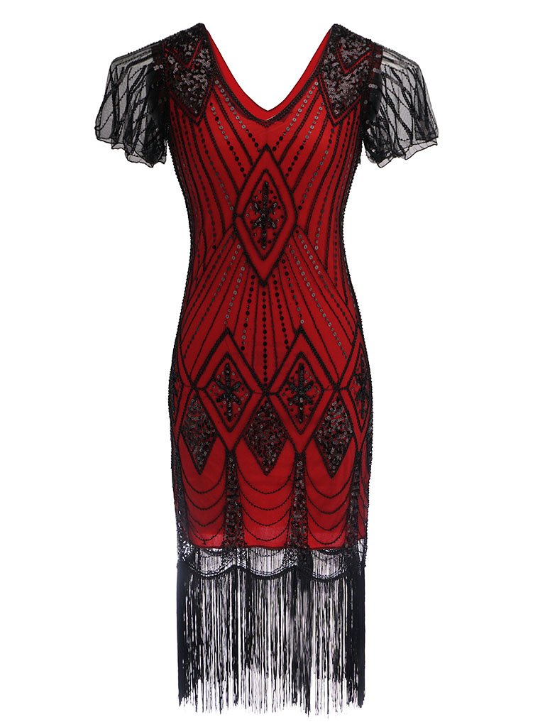 Gold Red 1920s V Neck Sequined Flapper Dress