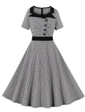 1950s Black Square Collar Plaid Short Sleeve Vintage Swing Dress