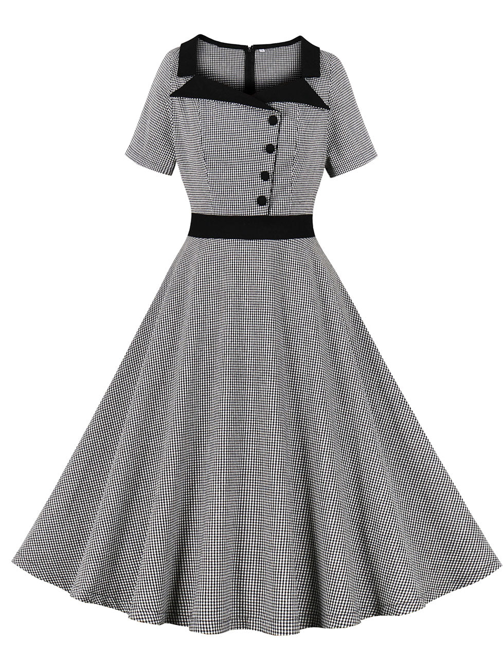 1950s Black Square Collar Plaid Short Sleeve Vintage Swing Dress
