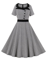 1950s Black Square Collar Plaid Short Sleeve Vintage Swing Dress