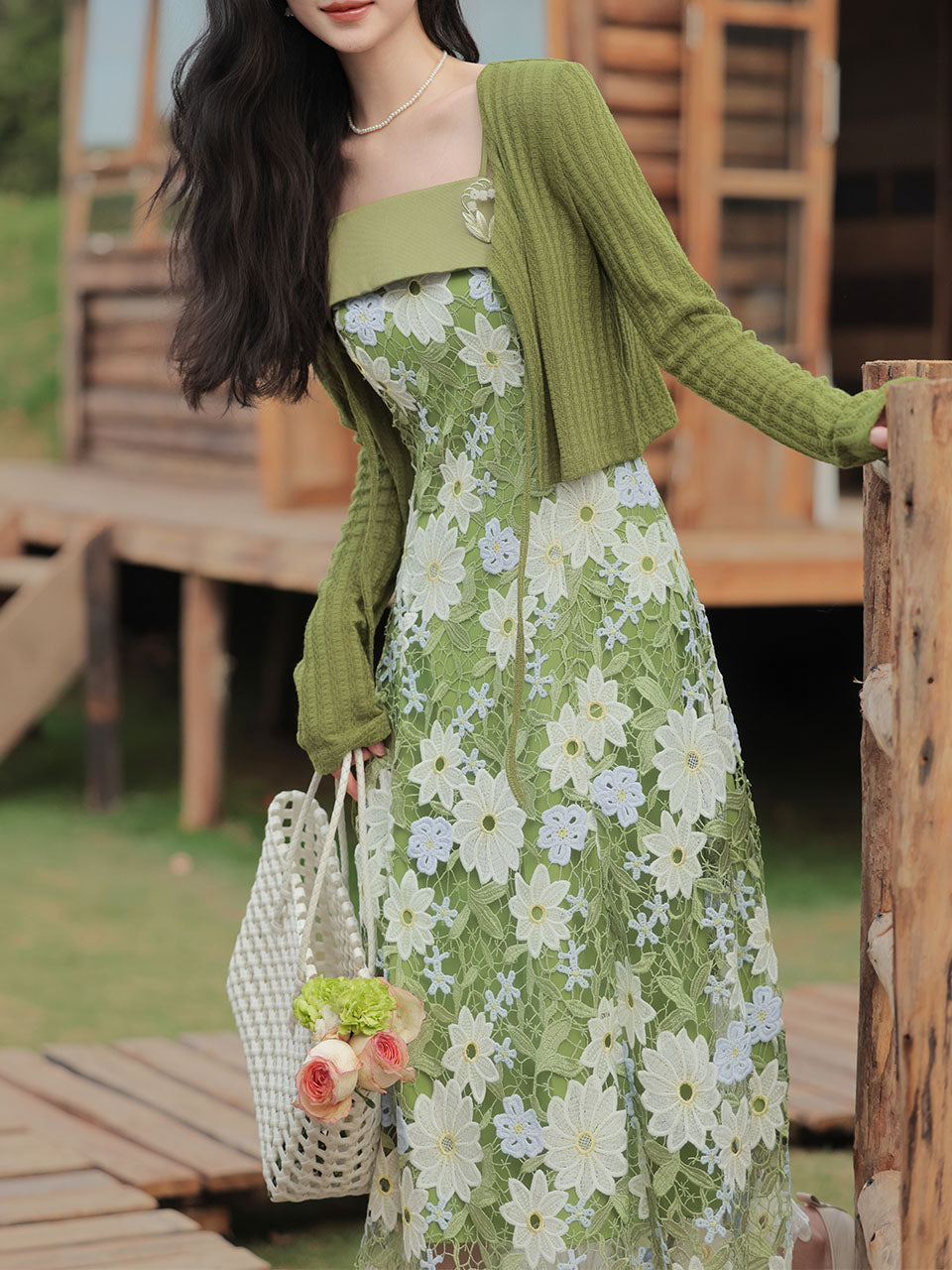 1940S Green Lace Embroidered Spaghetti Strap Vintage Dress