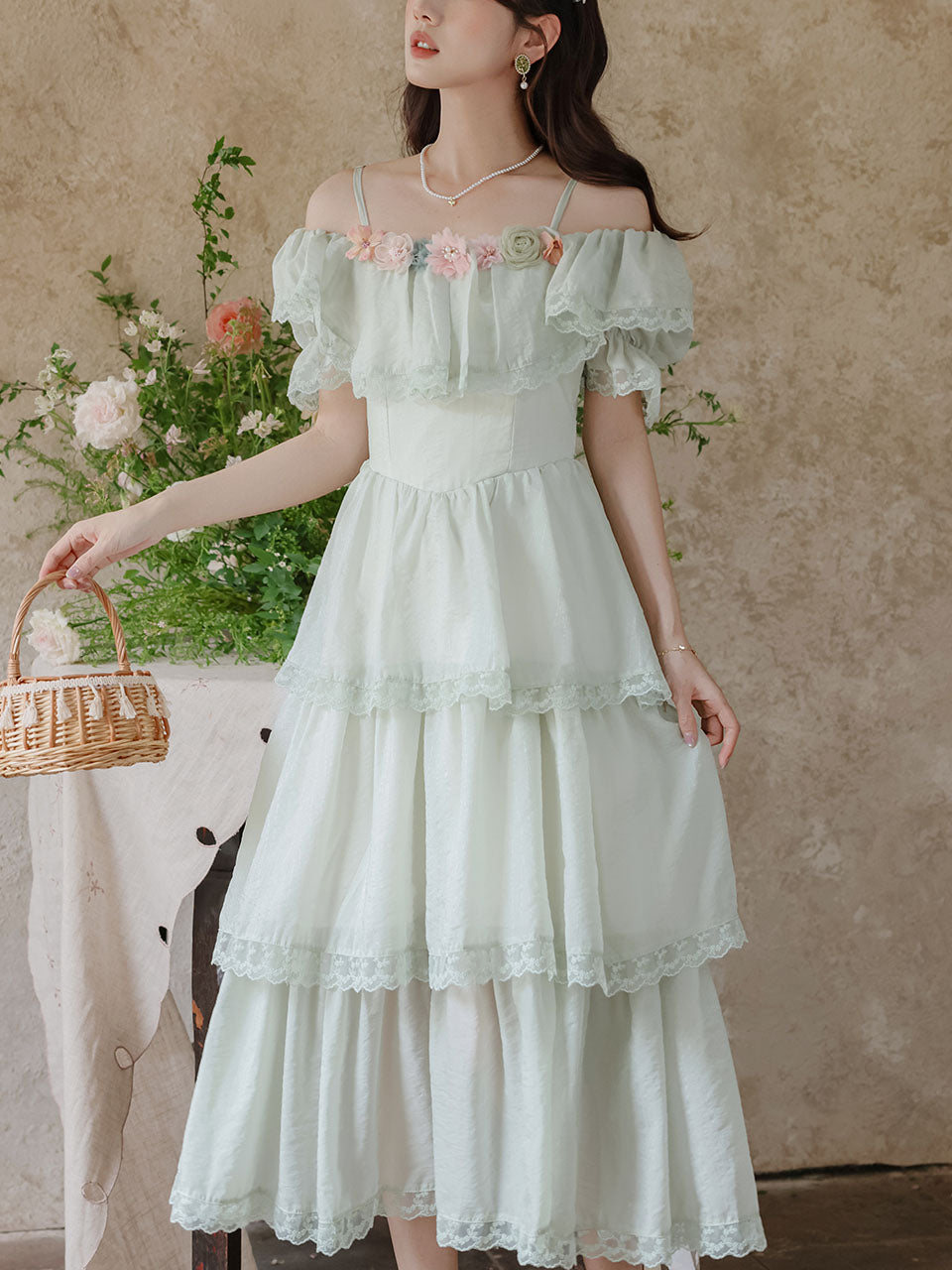 Light Green Off Shoulder Chiffon Tiered Maxi Dress