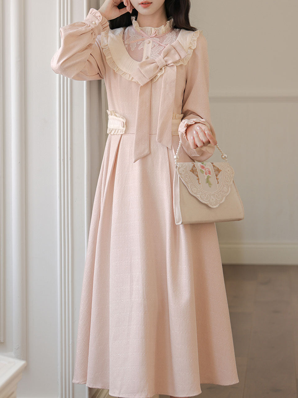 Vintage Pink Bow Long Sleeve Swing Dress