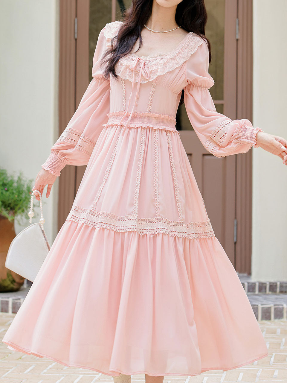 Pink Lace Long Sleeve Victorian Square Neck Vintage Dress