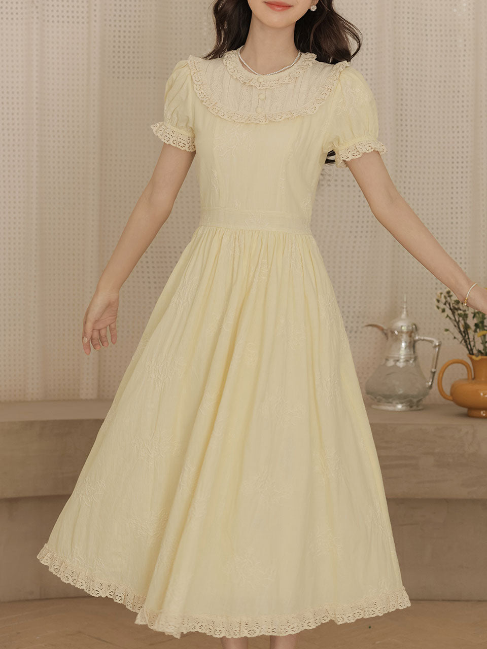 Retro Yellow Puff-Sleeve Dress