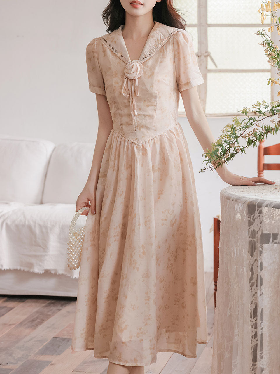 Apricot Sailor Collar Handmade Rosettes Vintage Dress