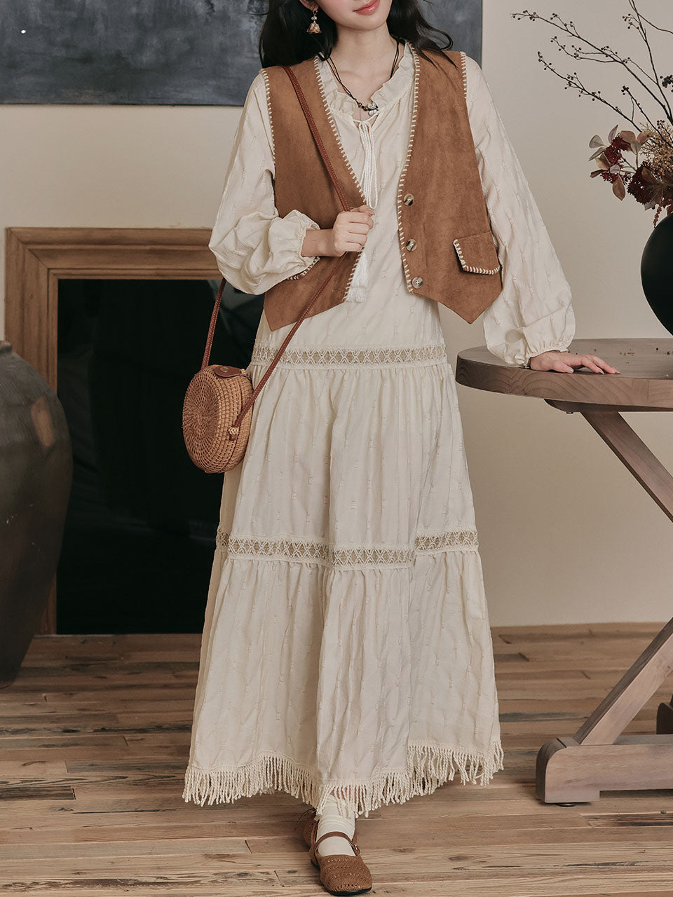 Bohemian White Embroidered Cotton Tassel Hem Maxi Dress