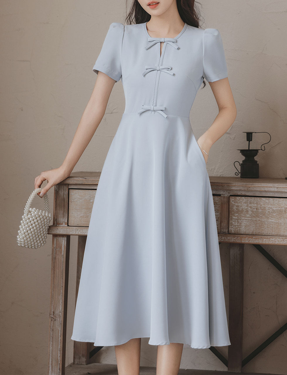 Light Blue Bow Collar 1950S Vintage Dress