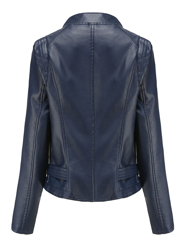Navy Long Sleeve PU Leather Motorcycle Jacket