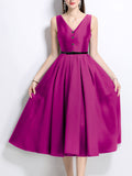 Purple Satin V Neck Sleeveless Classic 1950S Vintage Sweet Party Dress