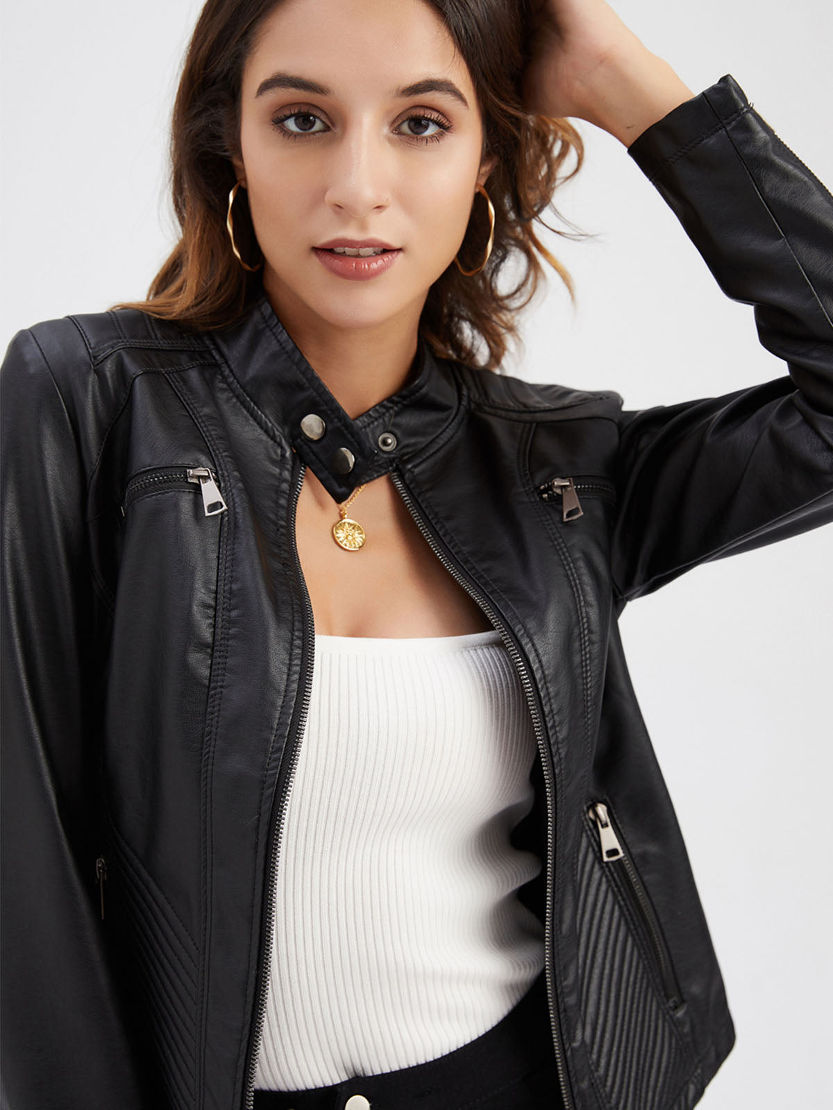 Pink Long Sleeve PU Leather Motorcycle Jacket For Women