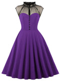 Purple Stand Ruffles Collar Semi-Sheer Sleeveless 1950S Vintage Dress