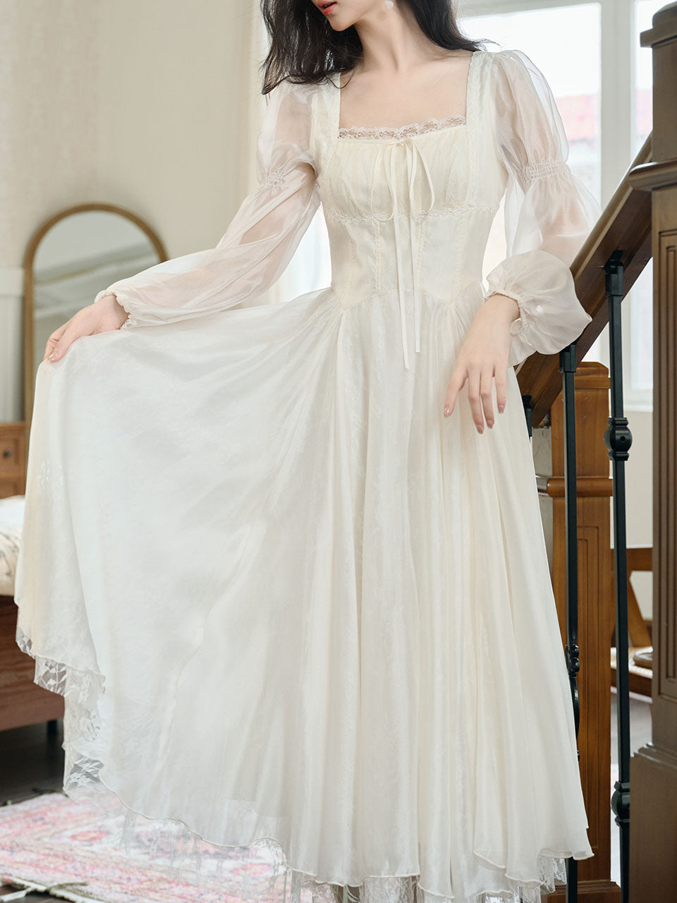 White Lace Square Collar Long Sleeve 1950S Vintage Swing Dress