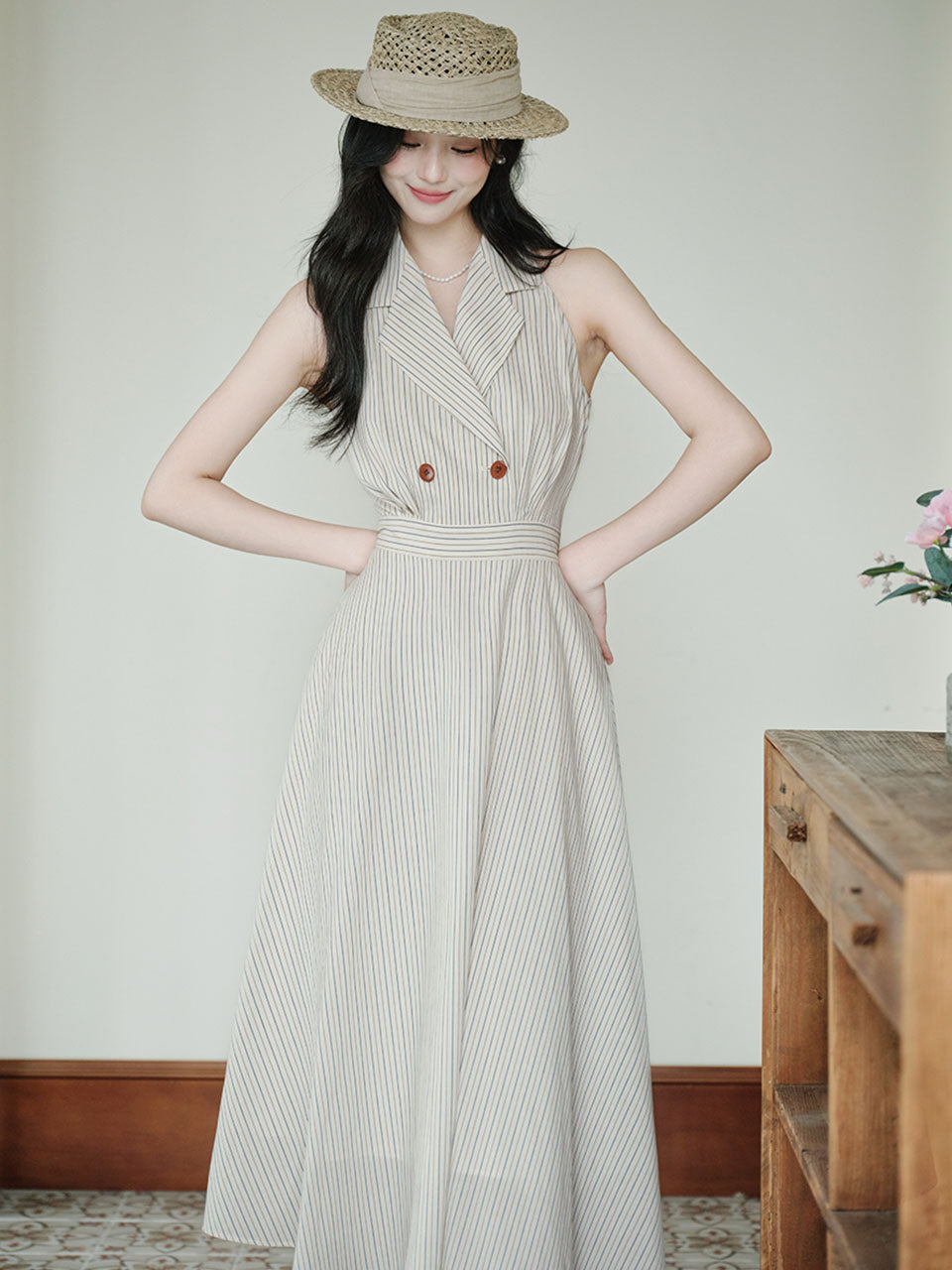 White V Neck Vertical Striped Vintage Dress