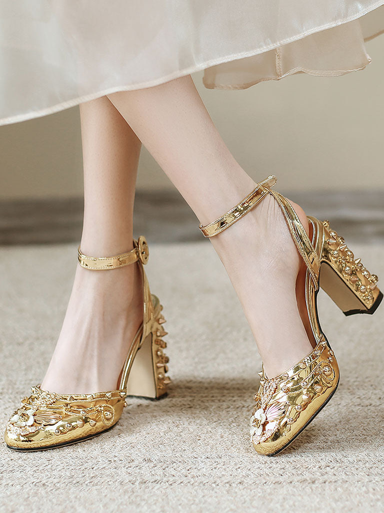 Luxurious Rivet Chunky Heel Sandals Vintage Shoes