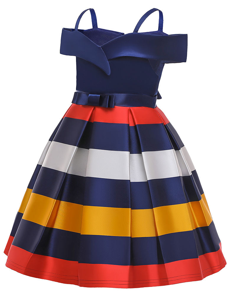 Kids Little Girls' Dress Stripe Off Shoulder Party Birthday Christening Dress