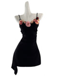 Black Spaghetti Strap Flower Bodycon Dress Gown Party Dress