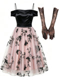 1950s Off-The-Shoulder Satin & Pink Butterfly Mesh Swing Dress
