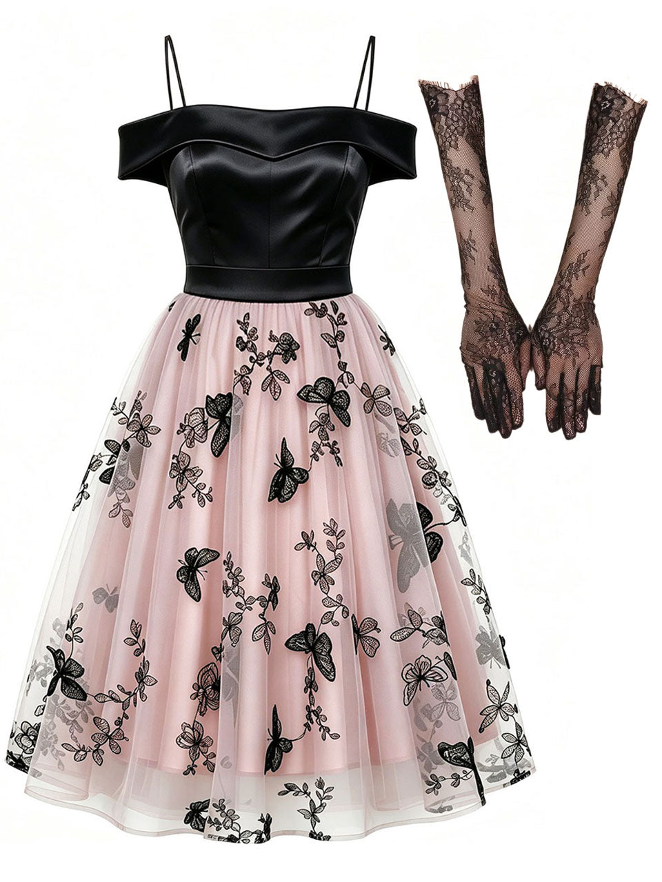 1950s Off-The-Shoulder Satin & Pink Butterfly Mesh Swing Dress