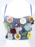 Denim Handmade Flowers Corset Camisole Top