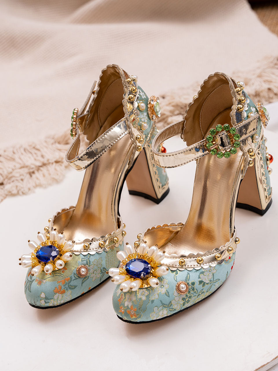 10CM Luxury Flower Chunky Heels Retro Shoes