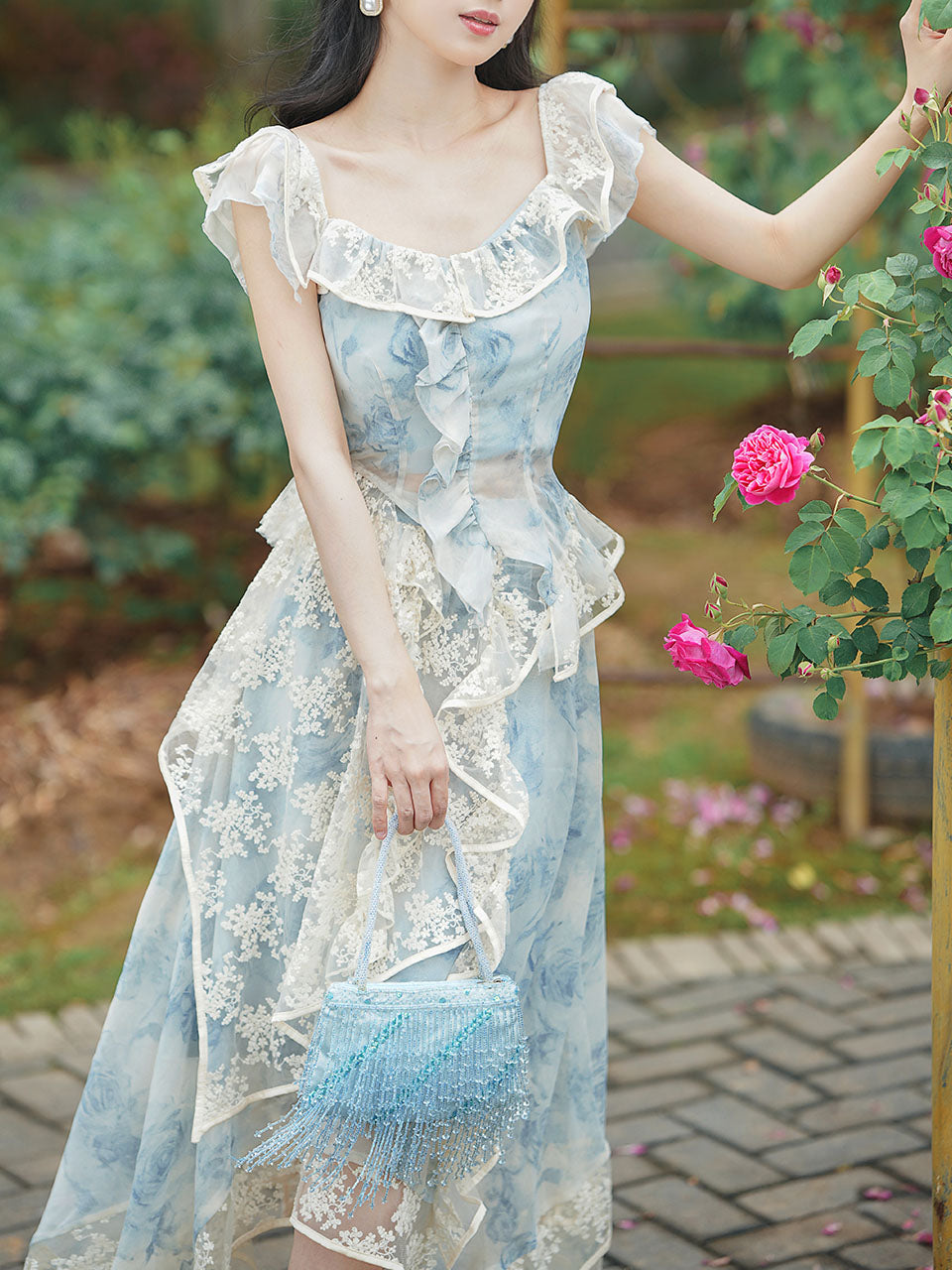 2PS Blue Square Collar Lace Floral Print Sleeveless Top