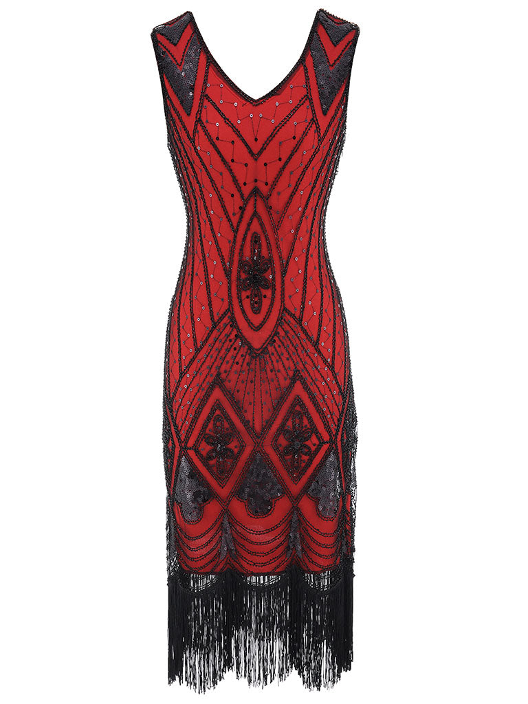 Red 1920s V Neck Sequined Flapper Dress