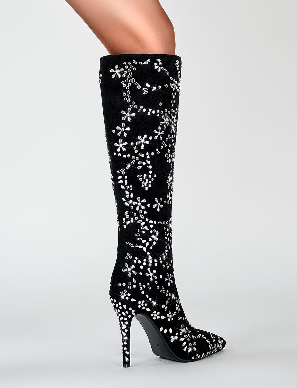 Black High Heel Pointed Toes Luxury Flower Bling Rhinestone Boots Shoes