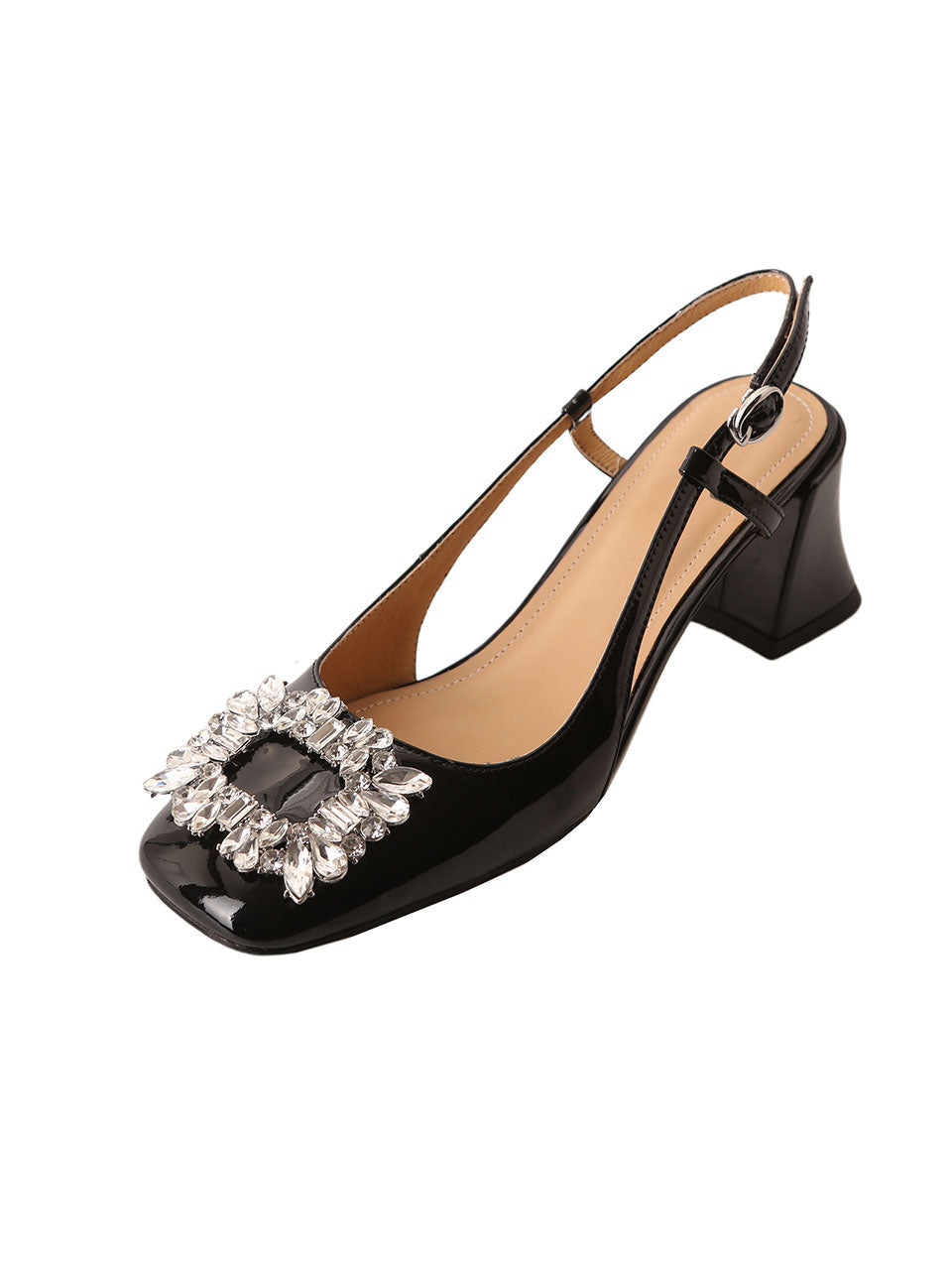 Round Toe Rhinestones Chunky Heel Sandals Leather Vintage Shoes