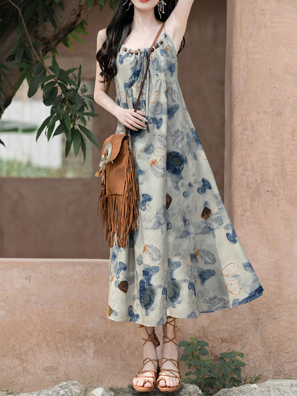 2PS Blue Spaghetti Strap Tropical Pattern Holiday  Dress