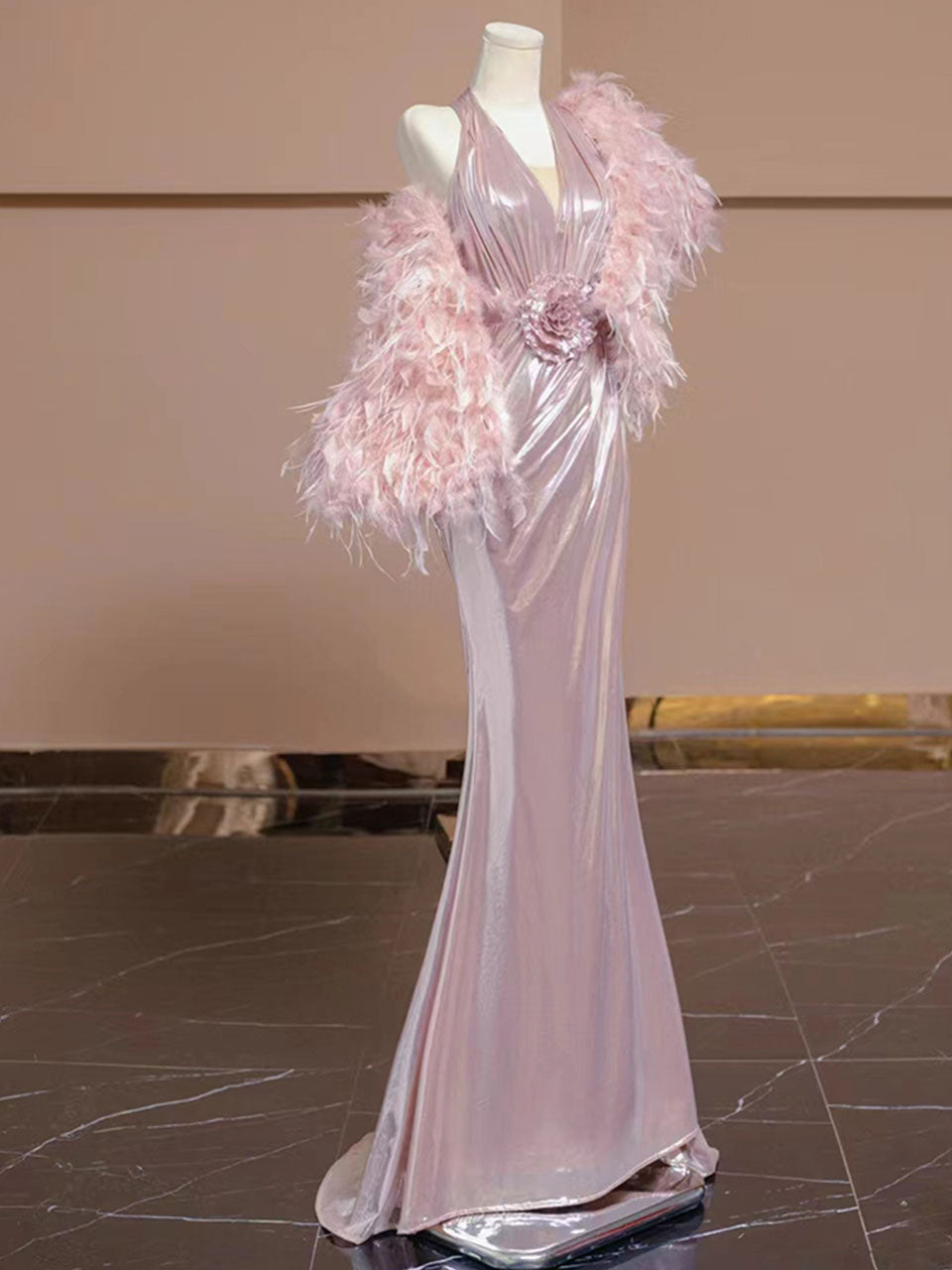 Pink Pleated V Neck Retro Fishtail Dress