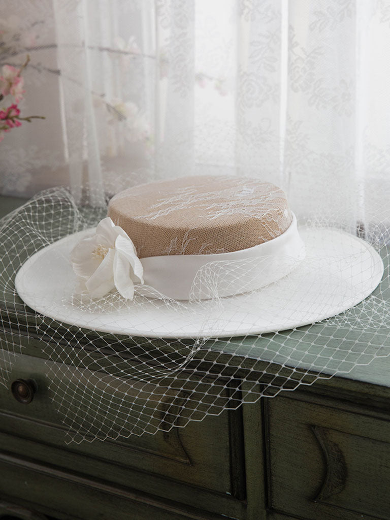 Vintage Lace Flower Hepburn Hat Boater Hat