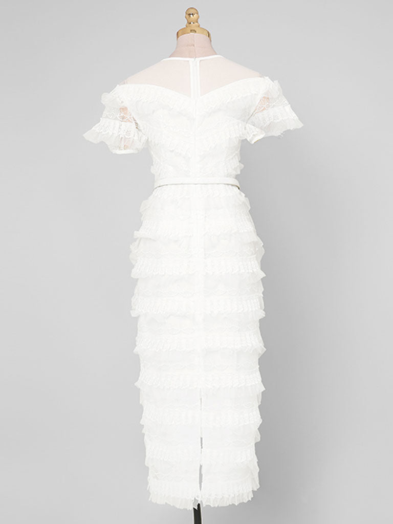 White Romantic Wedding Ruffles V-Neck Sequin Lace Irregular Hem Dress