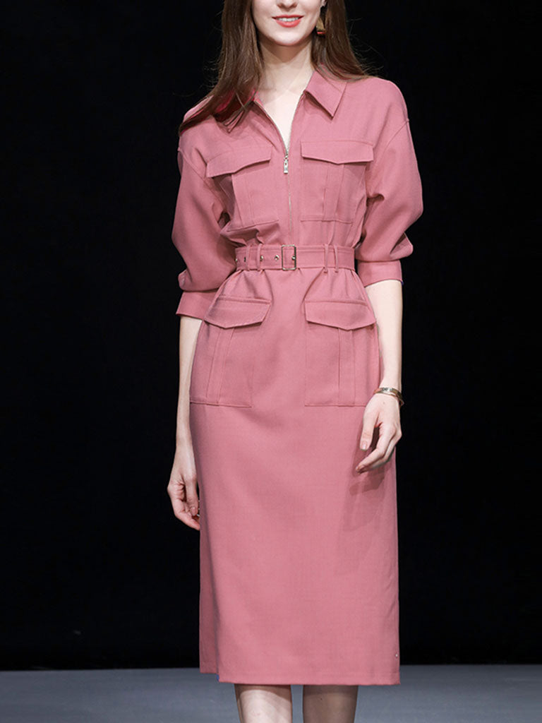 Nude Pink Turndown Collar Half Sleeve 1940S Vintage Dress