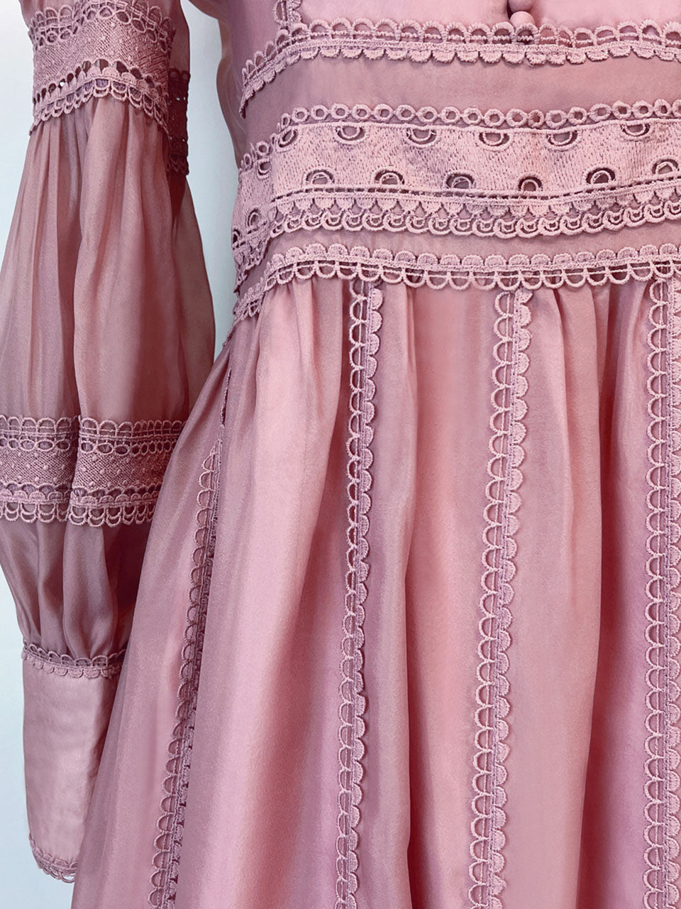 Nude Pink Organza Lace Ruffles Edwardian Revival Dress